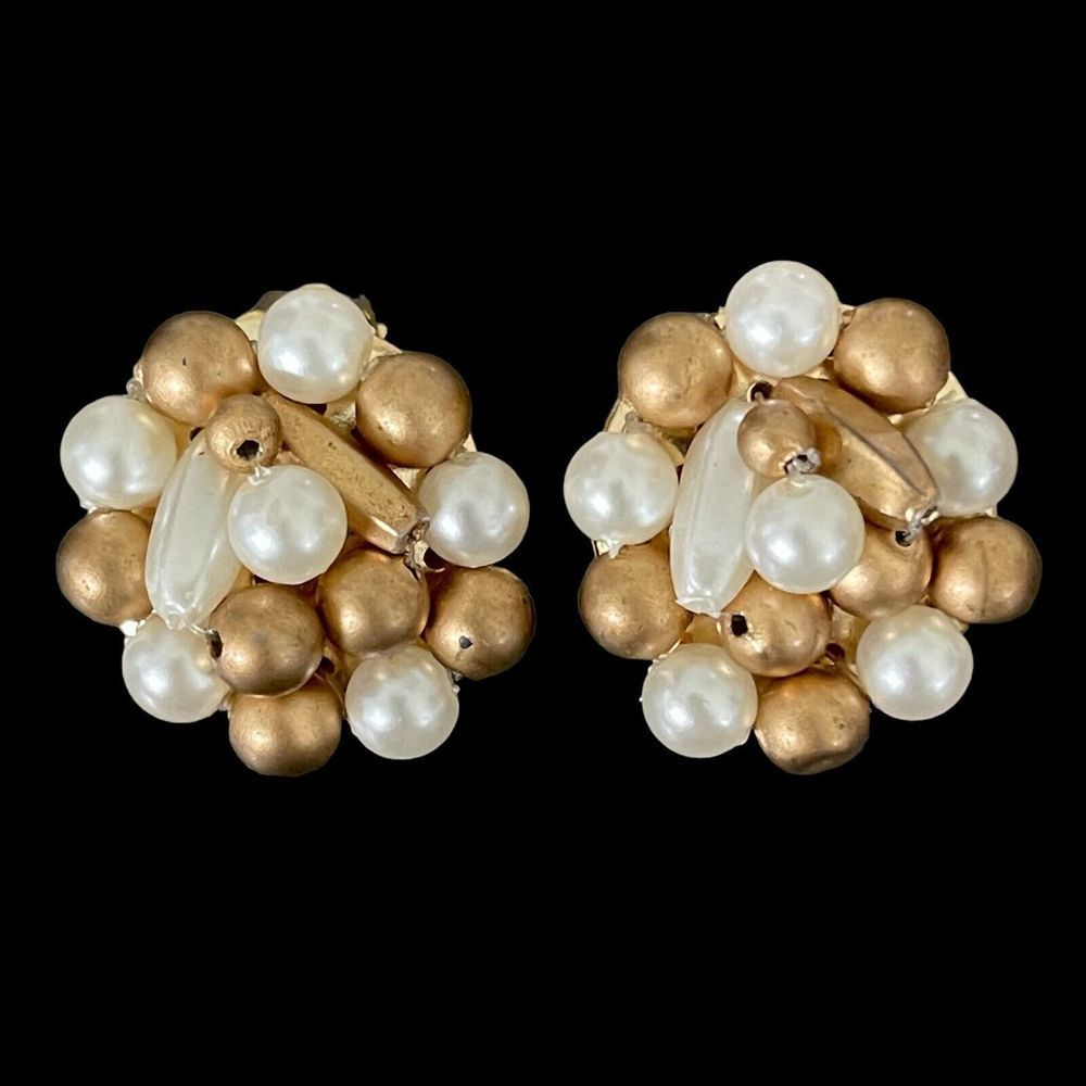 Vintage Gold & Cream Faux Pearl Beaded Cluster Clip On Earrings Signed Hong Kong